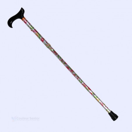 Canne de marche pour femme, très pratique. Accessoire robuste aux fleurs très colorées et vives.