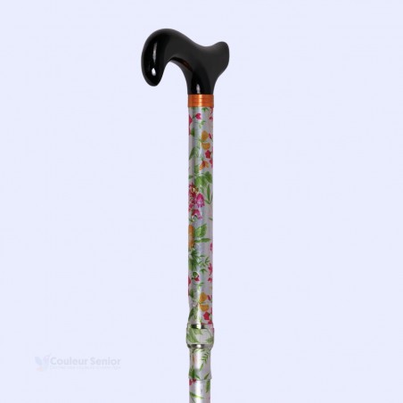 Canne de marche pliante à fleurs, pratique et facile à ranger, avec poignée en bois et tente noire.