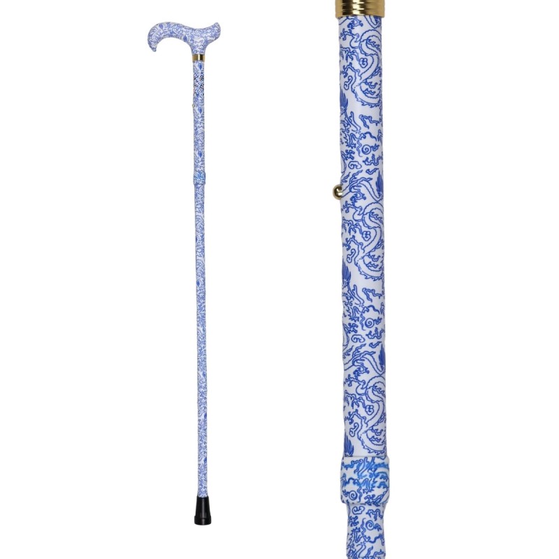 Canne de marche pliable et réglable pour femme motif cachemire bleu fond blanc.