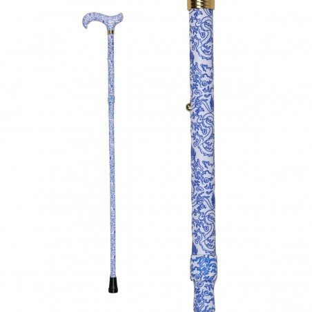 Canne de marche pliable et réglable pour femme motif cachemire bleu fond blanc.