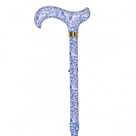 Magnifique canne pliante originale pour femme. Motif cachemire blanc et tons bleus chic.