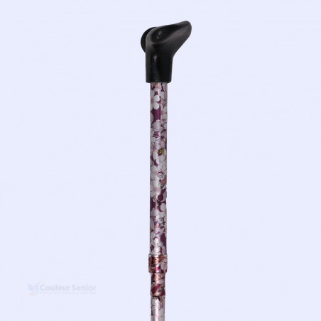Belle canne pliante originale. Motif floral, fond prune et poignée pratique pour gaucher.