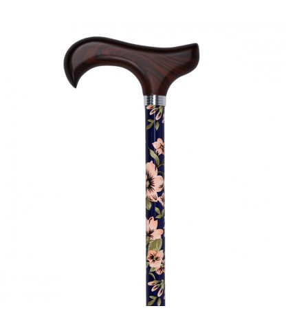 Magnifique canne Royal Bleu Marine poignée bois réglable femme originale. Fleurie avec fleurs beiges et poignée ergonomique.