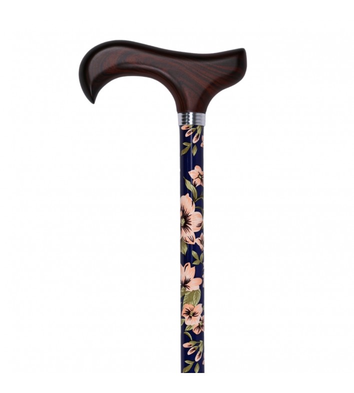 Magnifique canne réglable femme originale. Bleu marine avec fleurs beiges et poignée en bois.