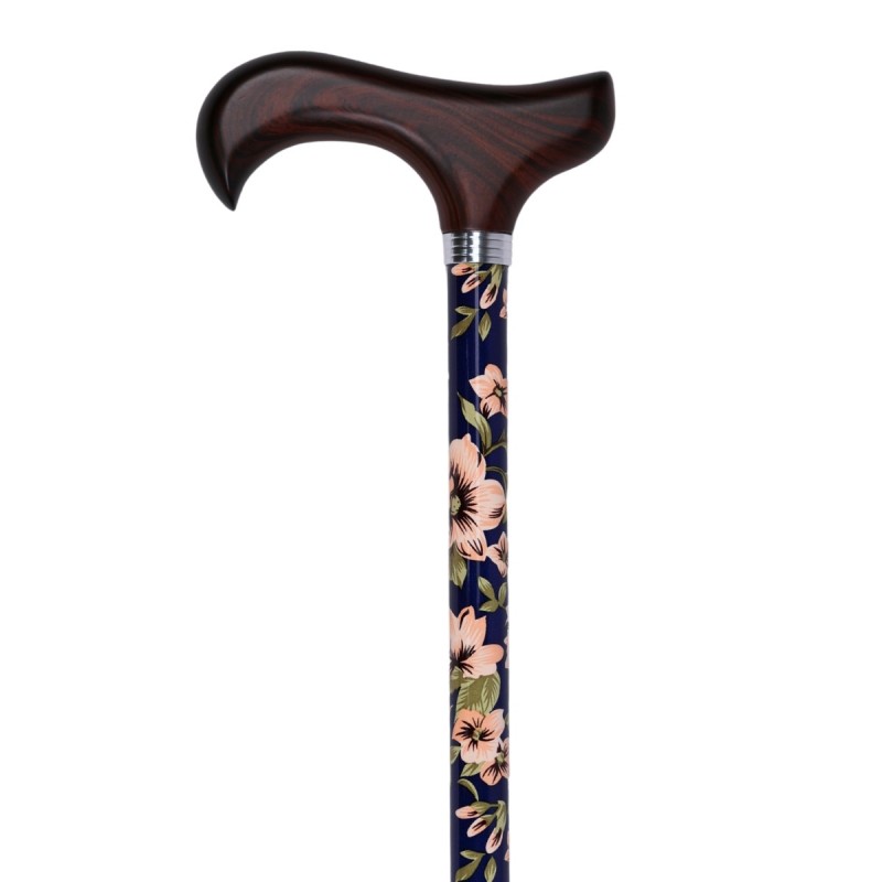 Magnifique canne réglable femme originale. Bleu marine avec fleurs beiges et poignée en bois.
