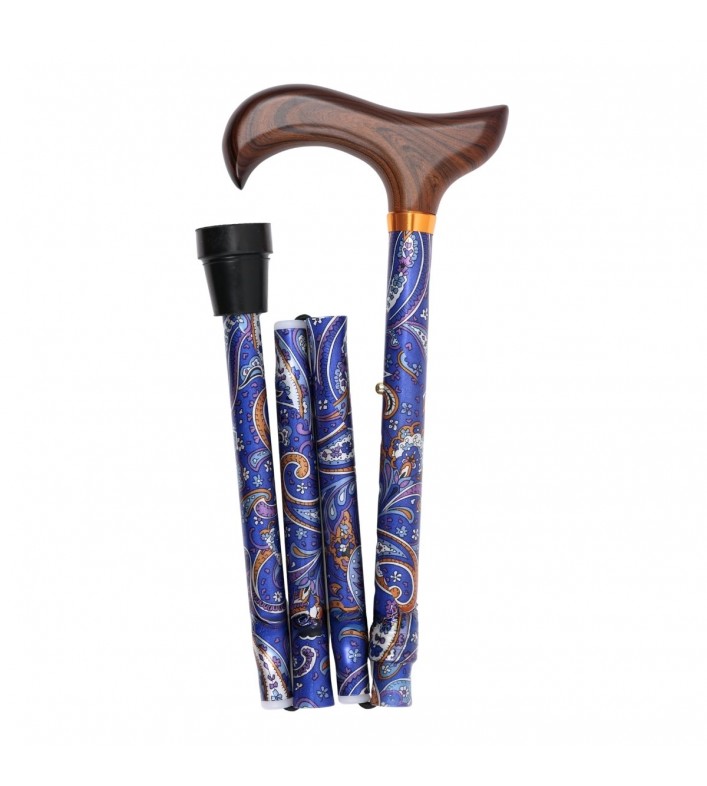 Canne de marche pliante, motif en arabesque en cachemire, bleu, poignée en bois. Idéal pour les femmes.