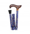 Canne de marche pliante, motif en arabesque en cachemire, bleu, poignée en bois. Idéal pour les femmes.