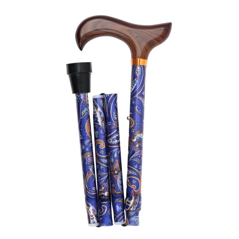 Canne de marche pliante, motif en arabesque en cachemire, bleu, poignée en bois. Idéal pour les femmes.