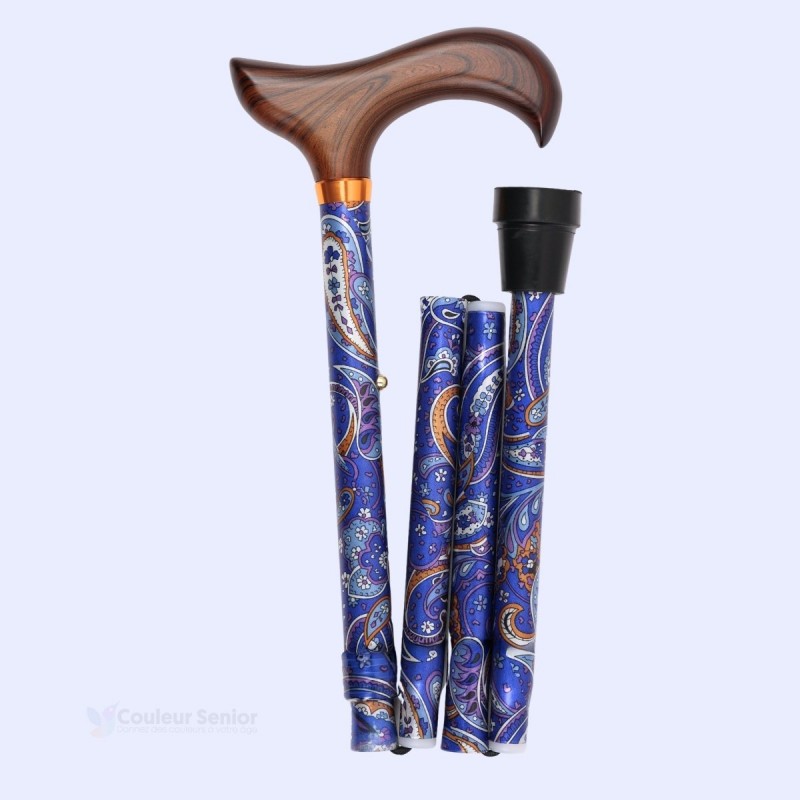 Canne de marche bleue, pliante à droite, avec réglage de hauteur, très discrète et élégante.Qualité de pharmacie.