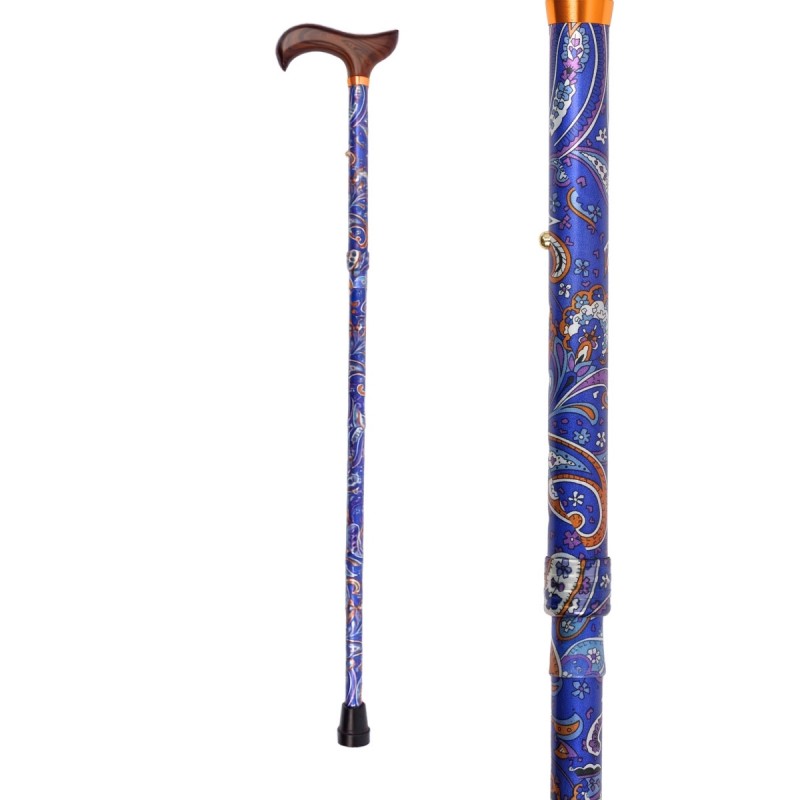 Canne de marche senior pliable bleue, motif cachemire intégral bleu. Éligible au remboursement Sécu.