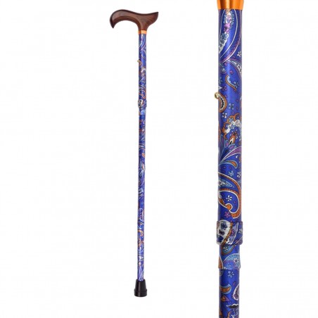 Canne de marche senior pliable bleue, motif cachemire intégral bleu. Éligible au remboursement Sécu.