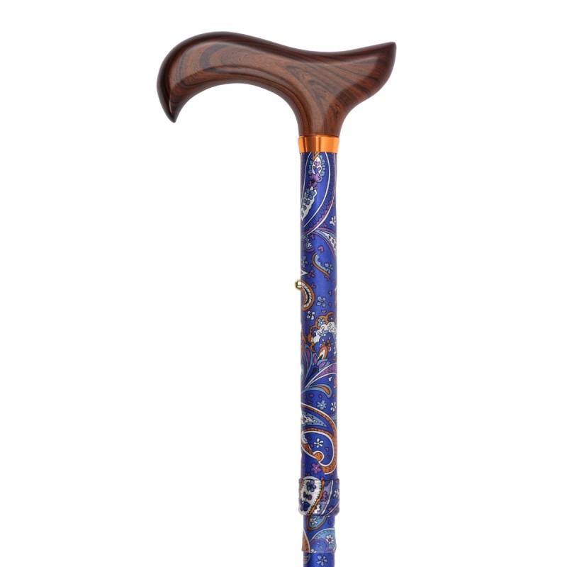Poignée Derby de face sur canne de marche bleue motif cachemire. Idéal cadeau pour maman !