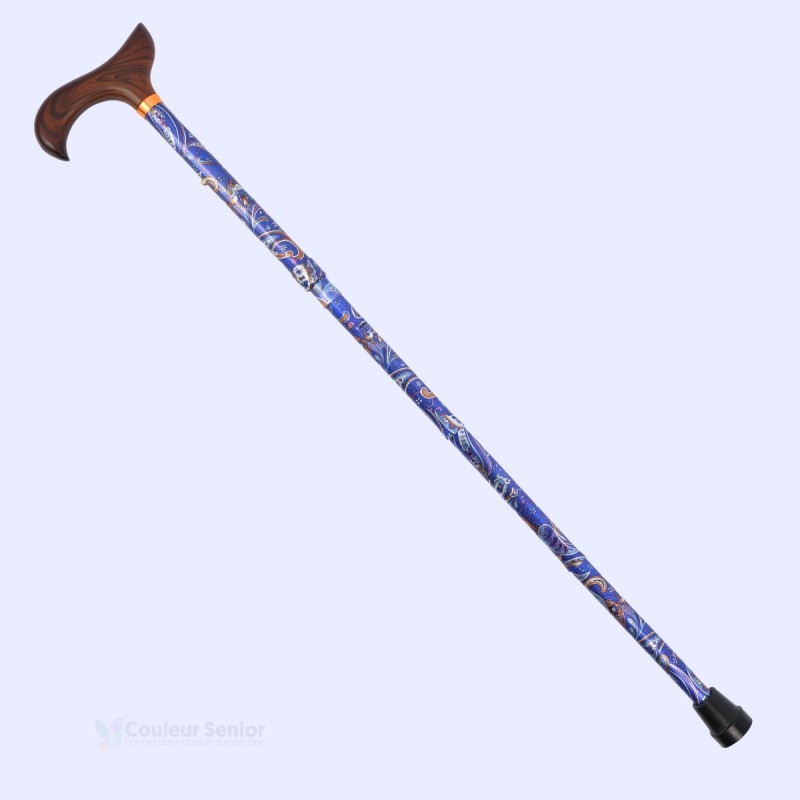 Belle canne de marche bleue à motif en cachemire en diagonale complète. Idéale pour offrir !