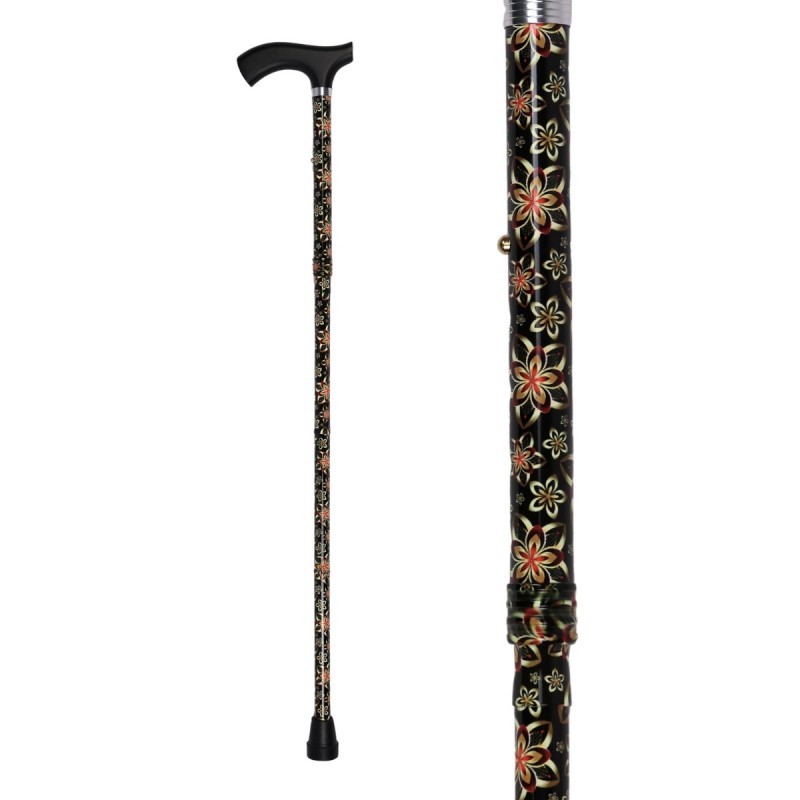 Canne de marche pour femme très pratique. Bel accessoire robuste, avec des fleurs sur fond noir.
