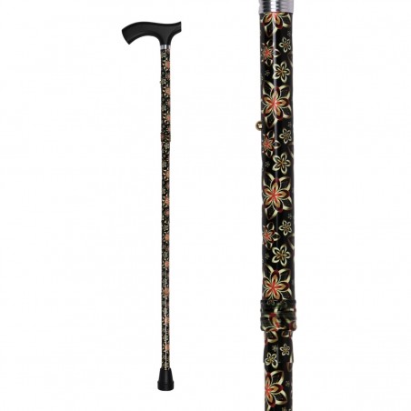 Canne de marche pour femme très pratique. Bel accessoire robuste, avec des fleurs sur fond noir.