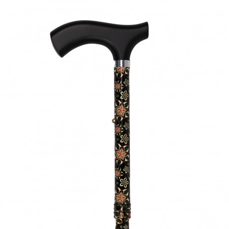 Superbe canne pliante originale pour femme. Motif d'anis étoilé brillant sur fond noir.