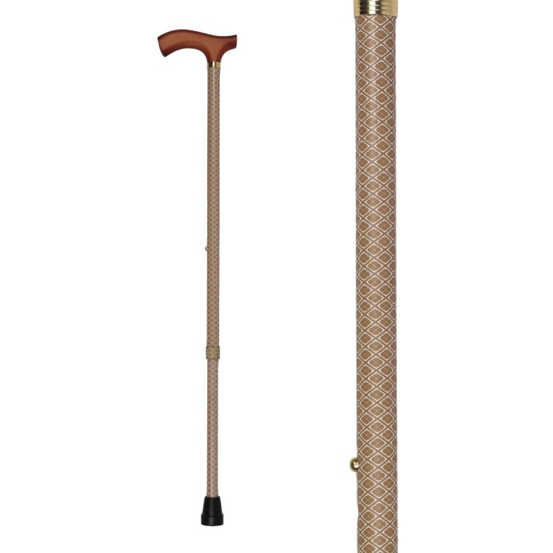 Canne réglable femme originale ton moutarde. Motif géométrique marron et une belle sécurité.