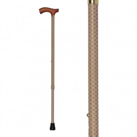 Canne réglable femme originale ton moutarde. Motif géométrique marron et une belle sécurité.