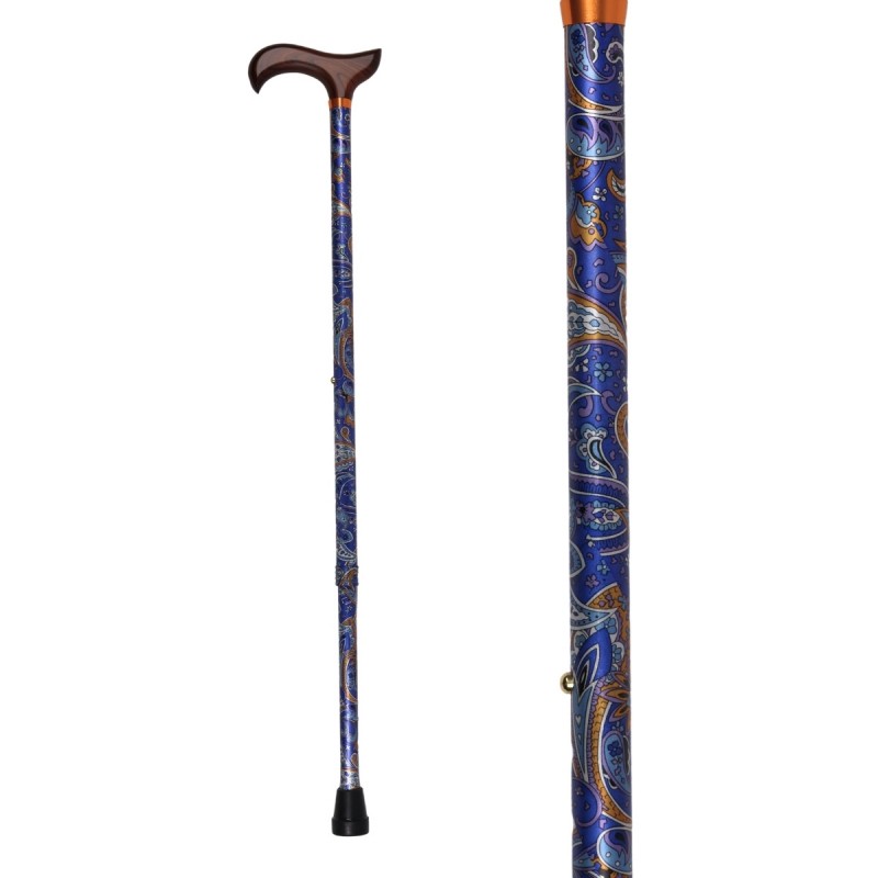 Canne réglable femme originale. De superbes couleurs vibrantes motif cachemire bleu or.