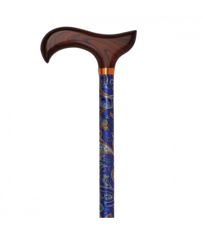 Magnifique canne de marche réglable motif cachemire bleu avec poignée en bois