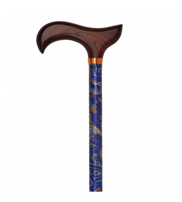 Magnifique canne de marche réglable motif cachemire bleu avec poignée en bois