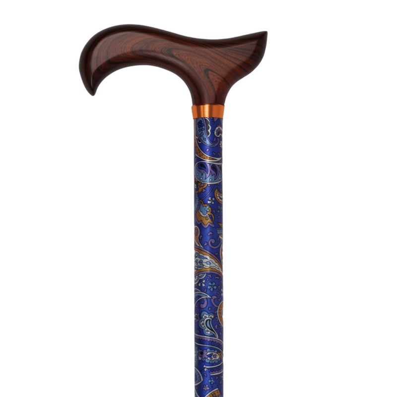 Magnifique canne de marche réglable motif cachemire bleu avec poignée en bois