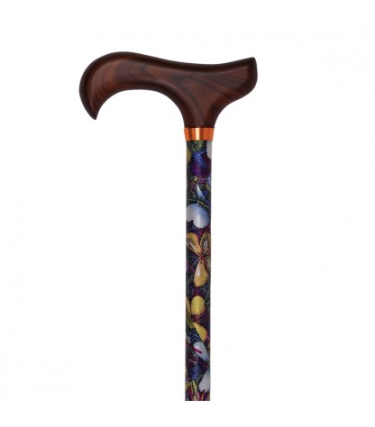Canne de marche réglable élégante motif papillons avec poignée en bois