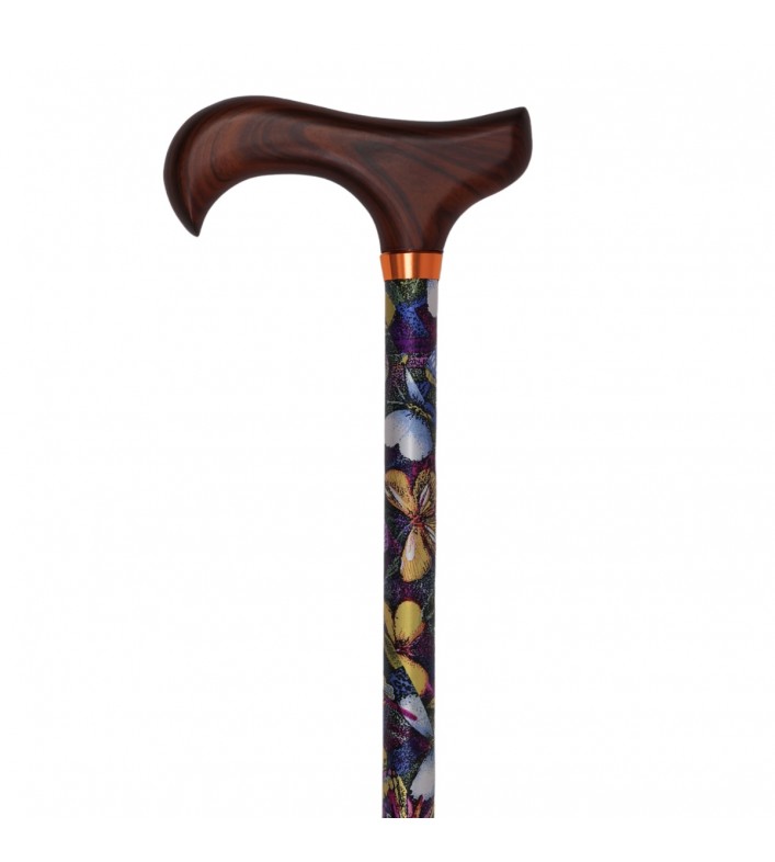 Canne de marche réglable élégante motif papillons avec poignée en bois
