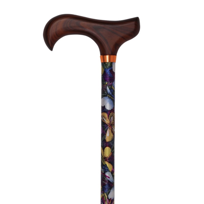 Canne de marche réglable élégante motif papillons avec poignée en bois