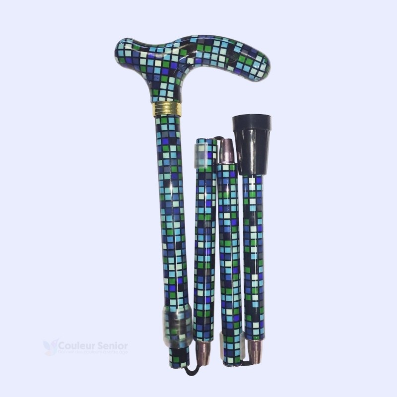 Canne pliante pratique pour voyager, motif mosaïque bleu facilement combinable avec votre garde-robe.