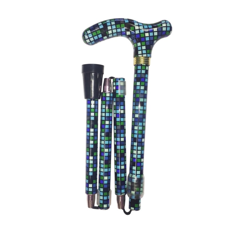 Canne de marche pliante et compacte, motif bleu, facile à ranger dans un sac et remboursable par la sécu.
