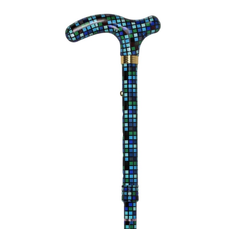 Canne de marche pliante pour femme, motif mosaïque bleu, réglable et remboursable par la sécurité sociale.