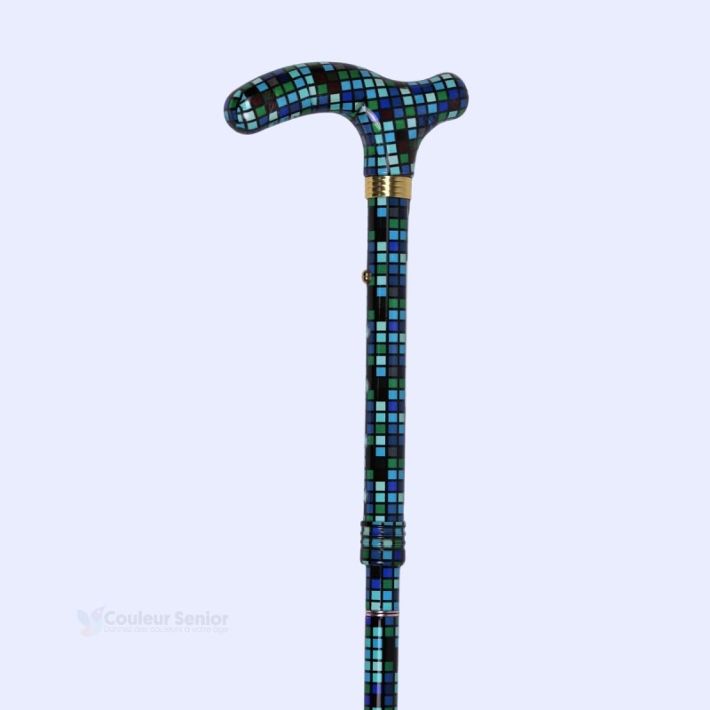 Système de réglage en hauteur de la canne de marche pliante pour femme, design original en mosaïque bleue.