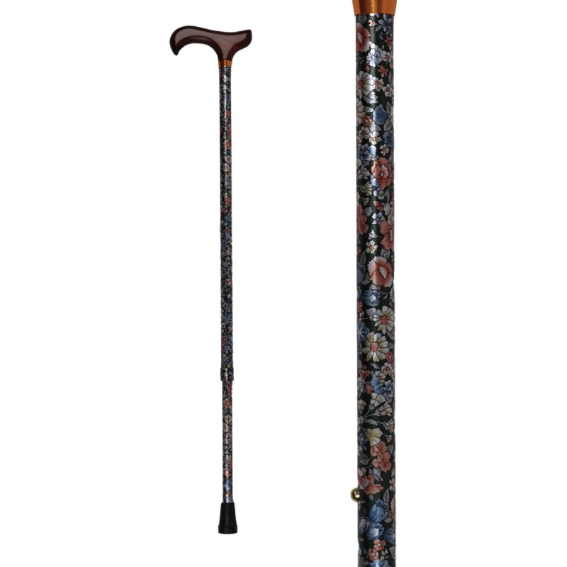 Canne réglable femme originale aux couleurs vibrantes. Superbe motif feuillage vert et fleuri.