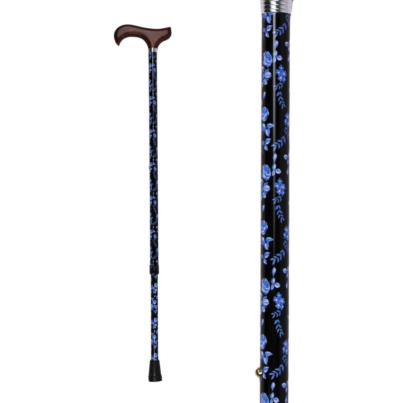 Canne de marche réglable élégante pour femme avec imprimé de fleurs bleues délicates vue d'ensemble
