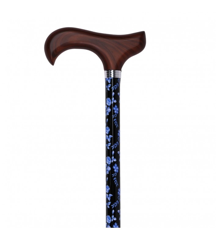 Vue complète de la canne réglable en aluminium noir fleuri avec poignée derby en bois