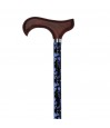 Vue complète de la canne réglable en aluminium noir fleuri avec poignée derby en bois