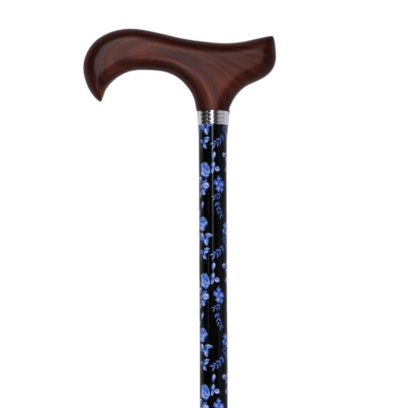 Vue complète de la canne réglable en aluminium noir fleuri avec poignée derby en bois