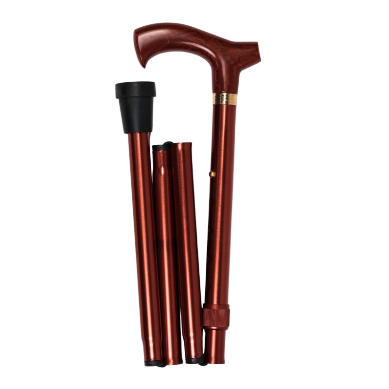 Canne de marche pliante très pratique, facile à ranger, à plier et à déplier, en acrylique marbré marron fût bronze.