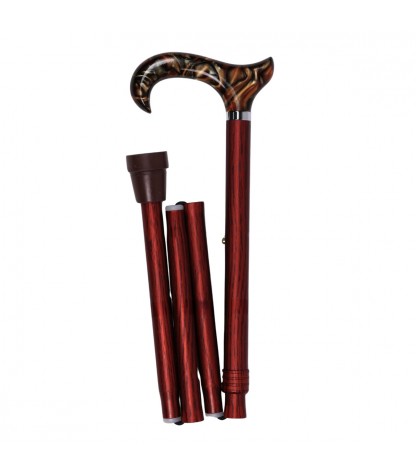 Canne de marche pliante et réglable originale pour homme. Imitation bois et poignée T marbrée imitation ambre. Tres elegante.