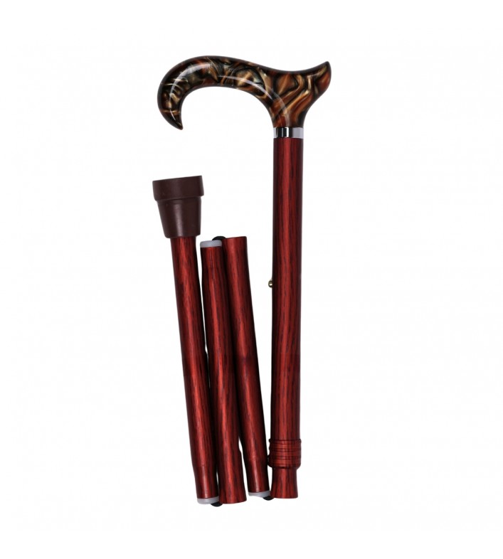 Canne de marche pliante et réglable originale pour homme. Imitation bois et poignée T marbrée imitation ambre. Tres elegante.