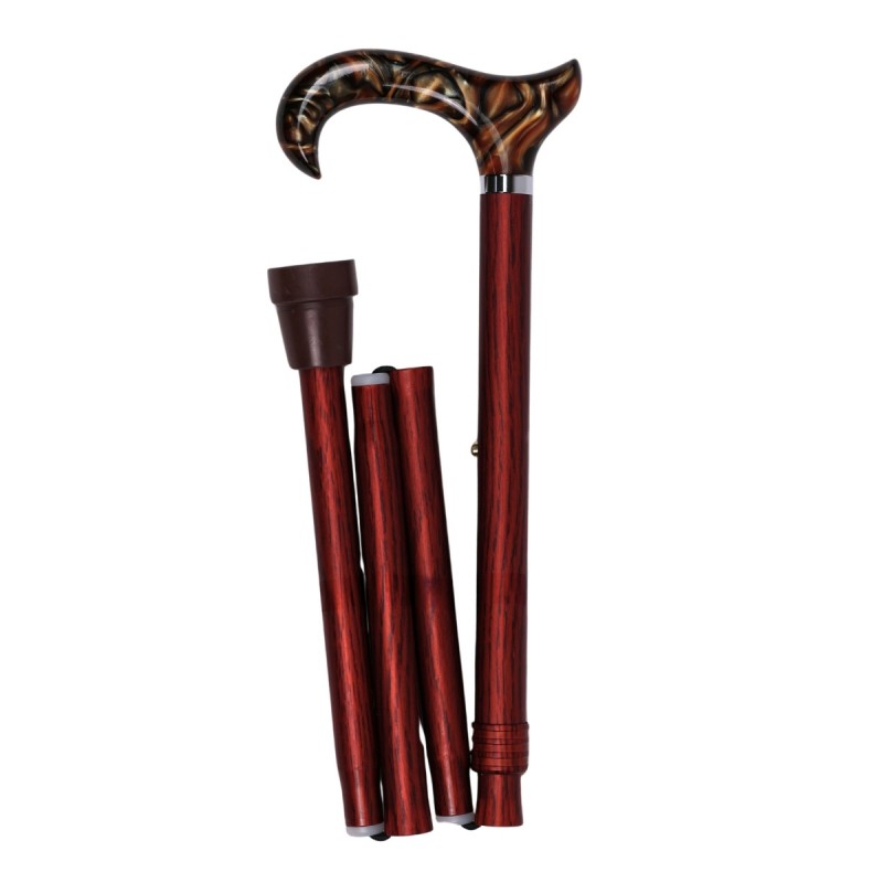 Canne de marche pliante et réglable originale pour homme. Imitation bois et poignée T marbrée imitation ambre. Tres elegante.