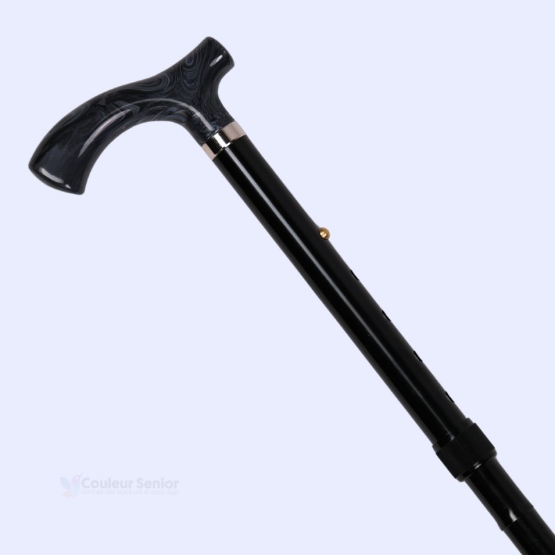 Vue détaillée de la poignée noire de la canne de marche Obsidienne. Fabricant européen. Se plie facilement.