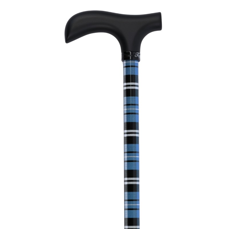 Superbe canne réglable originale motif tartan écossais bleu. Une sécurité au pas assurée.