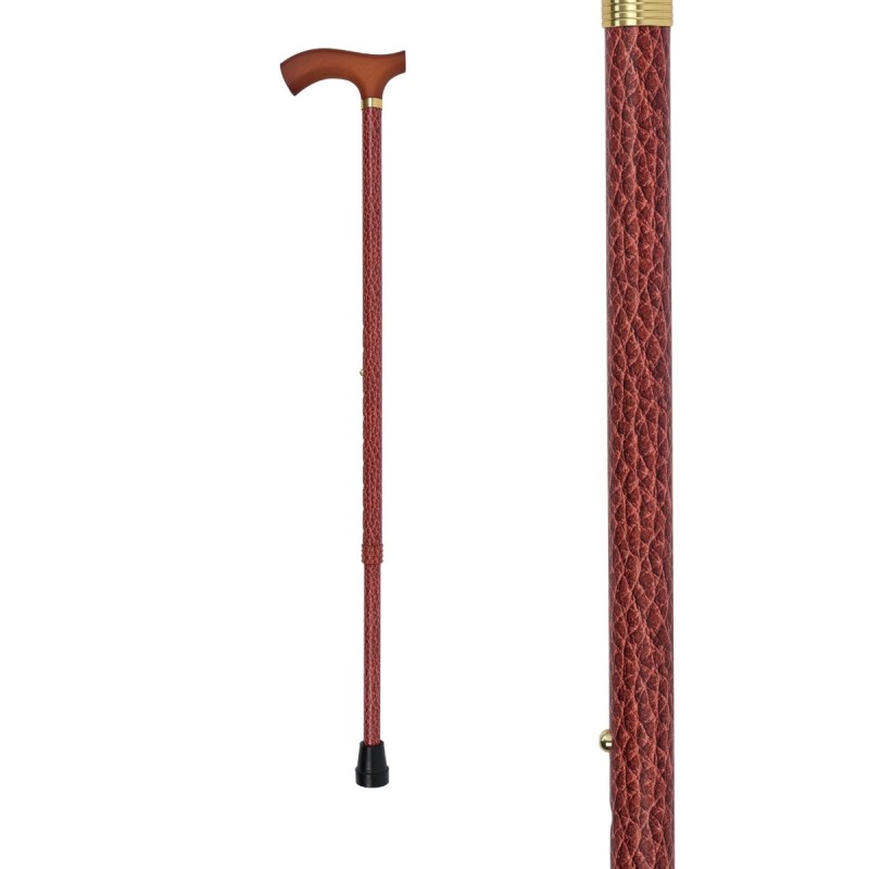 Canne de marche réglable pour seniors, revêtue de similicuir marron, élégante, poignée en T pour homme et femme.
