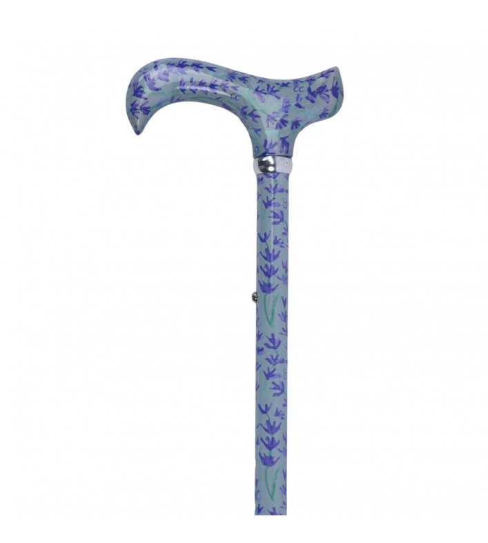 Canne de marche réglable élégante à motif lavande pour femme avec poignée Derby ergonomique de qualité pharmacie.