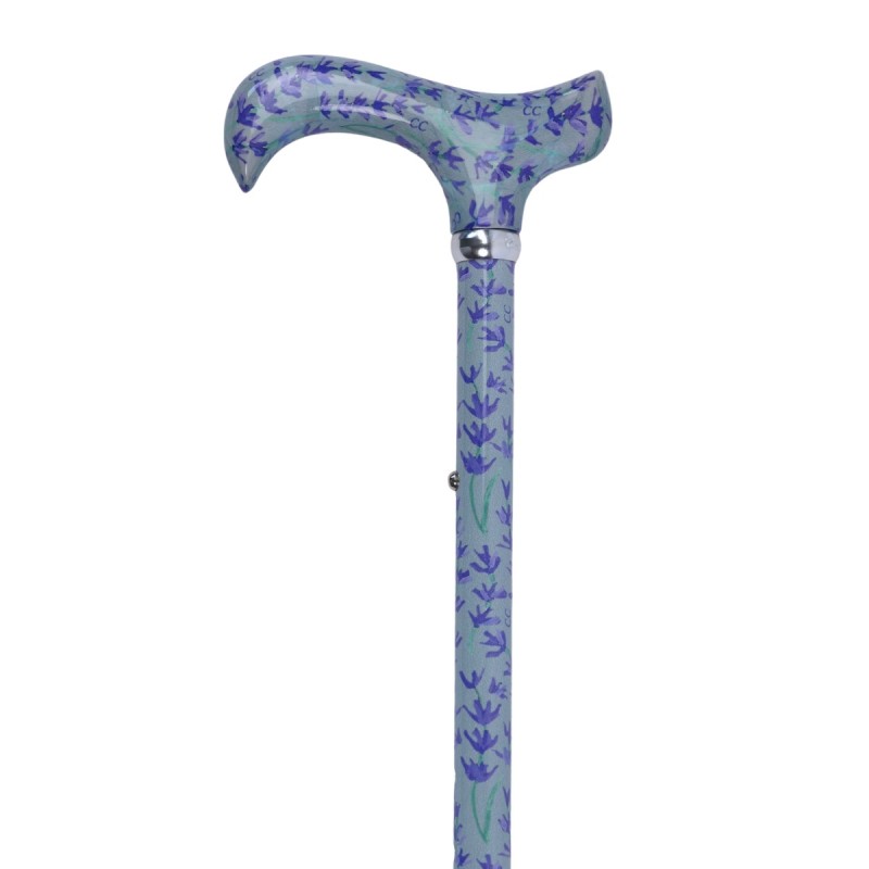 Canne de marche réglable élégante à motif lavande pour femme avec poignée Derby ergonomique de qualité pharmacie.