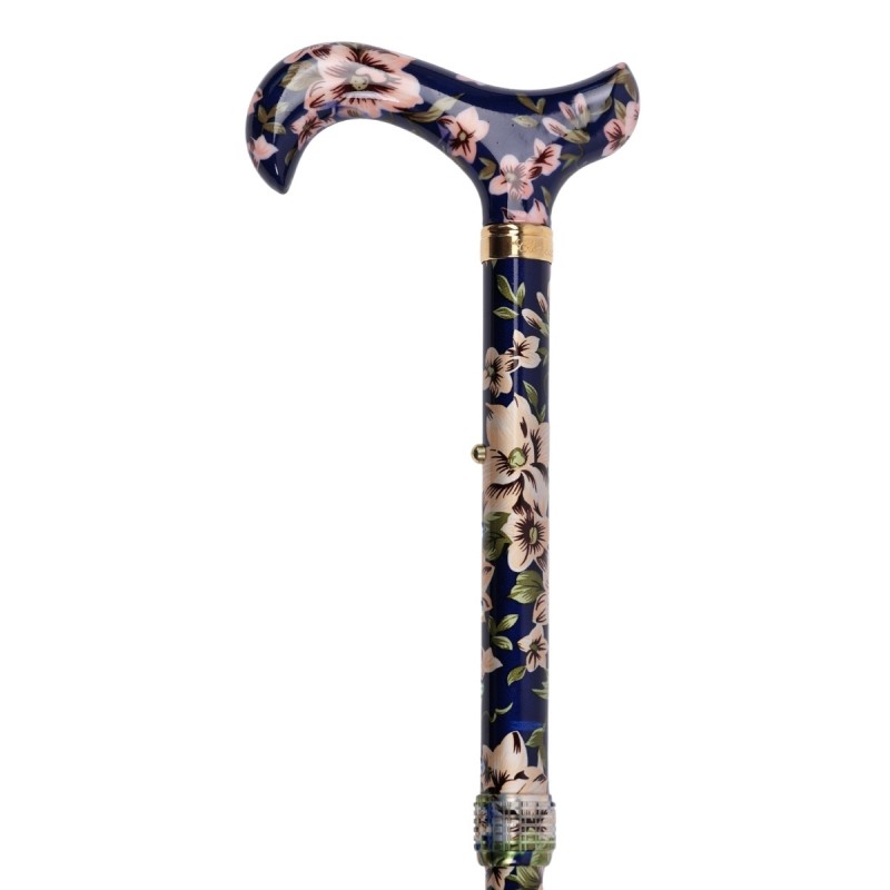 Poignée ergonomique Derby de la canne de marche bleue Floris, élégante pour femme.
