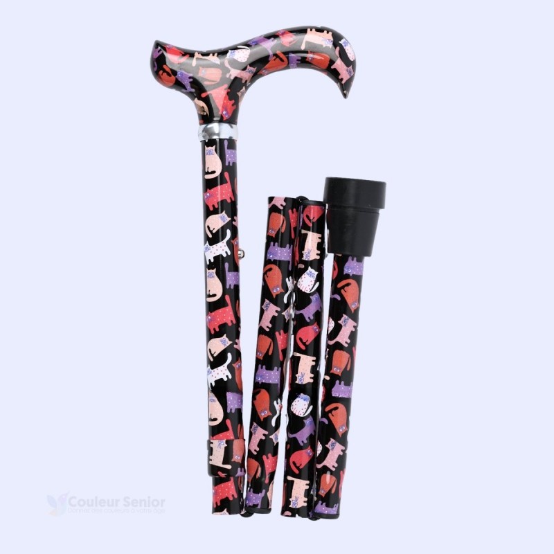 Canne de marche pour femme, motif chat, pliée en 4 sections à droite : une magnifique idée cadeau utile.
