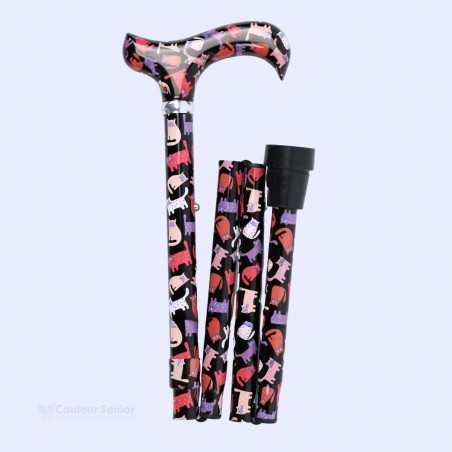Canne de marche pour femme, motif chat, pliée en 4 sections à droite : une magnifique idée cadeau utile.